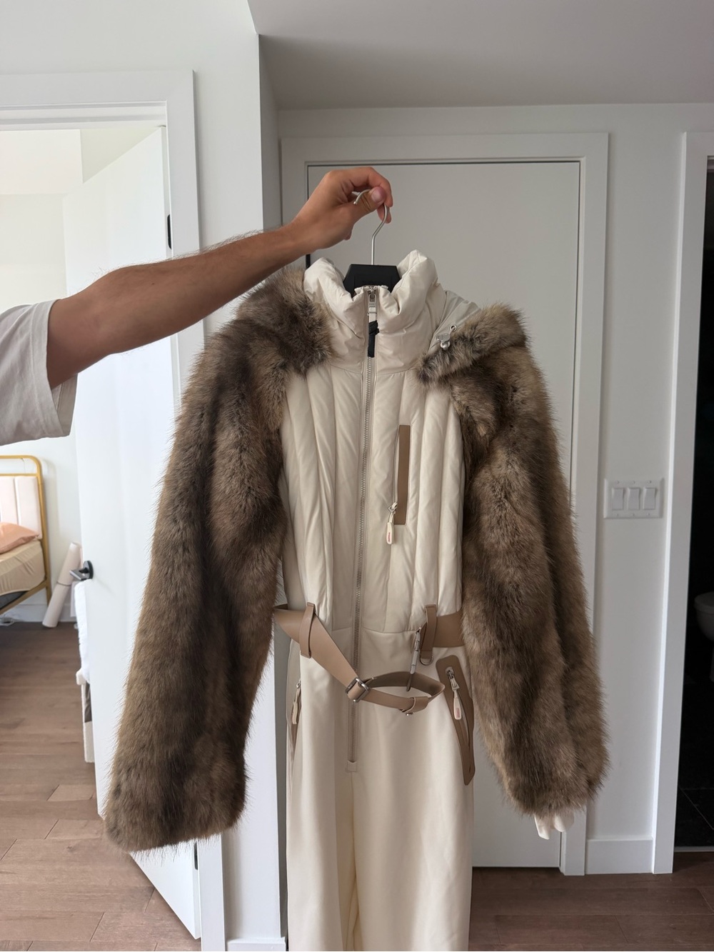 RUDSAK Cream Ski Jacket with Brown Faux-Fur Sleeves